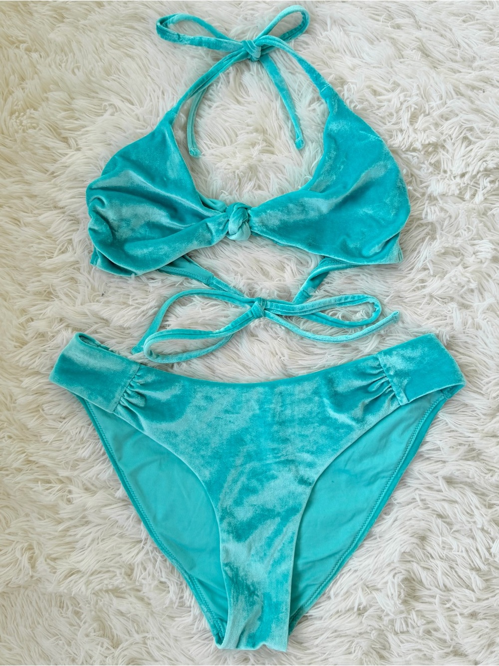 Turquoise Velvet Bikini Set, XS/S